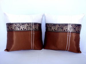 Pair of Thai Silk Brown Big Elephant Design Throw Cushion Pillow Cover