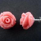 925 Sterling Silver Flower Coral Light Red Rose Lovely Earrings