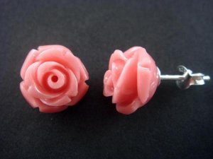 925 Sterling Silver Flower Coral Light Red Rose Lovely Earrings