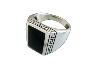925 Sterling Silver Men's Rectangle Onyx Greek Key Meander Meandros Ring