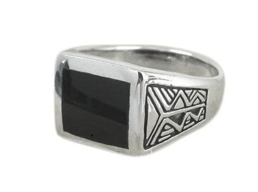 925 Sterling Silver Men's Aztec Style Rectangular Black Genuine Onyx Ring