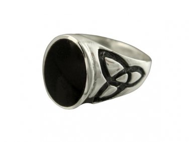 925 Sterling Silver Unisex Oval Black Onyx Celtic Triquetra Trinity Knot Ring