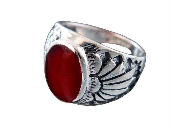 925 Sterling Silver Mens Genuine Carnelian Inlay Indian Motif Thick Ring
