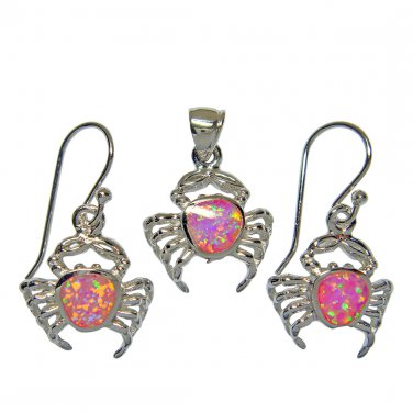 925 Silver Pendant Dangle Earrings Set Pink Opal Crab
