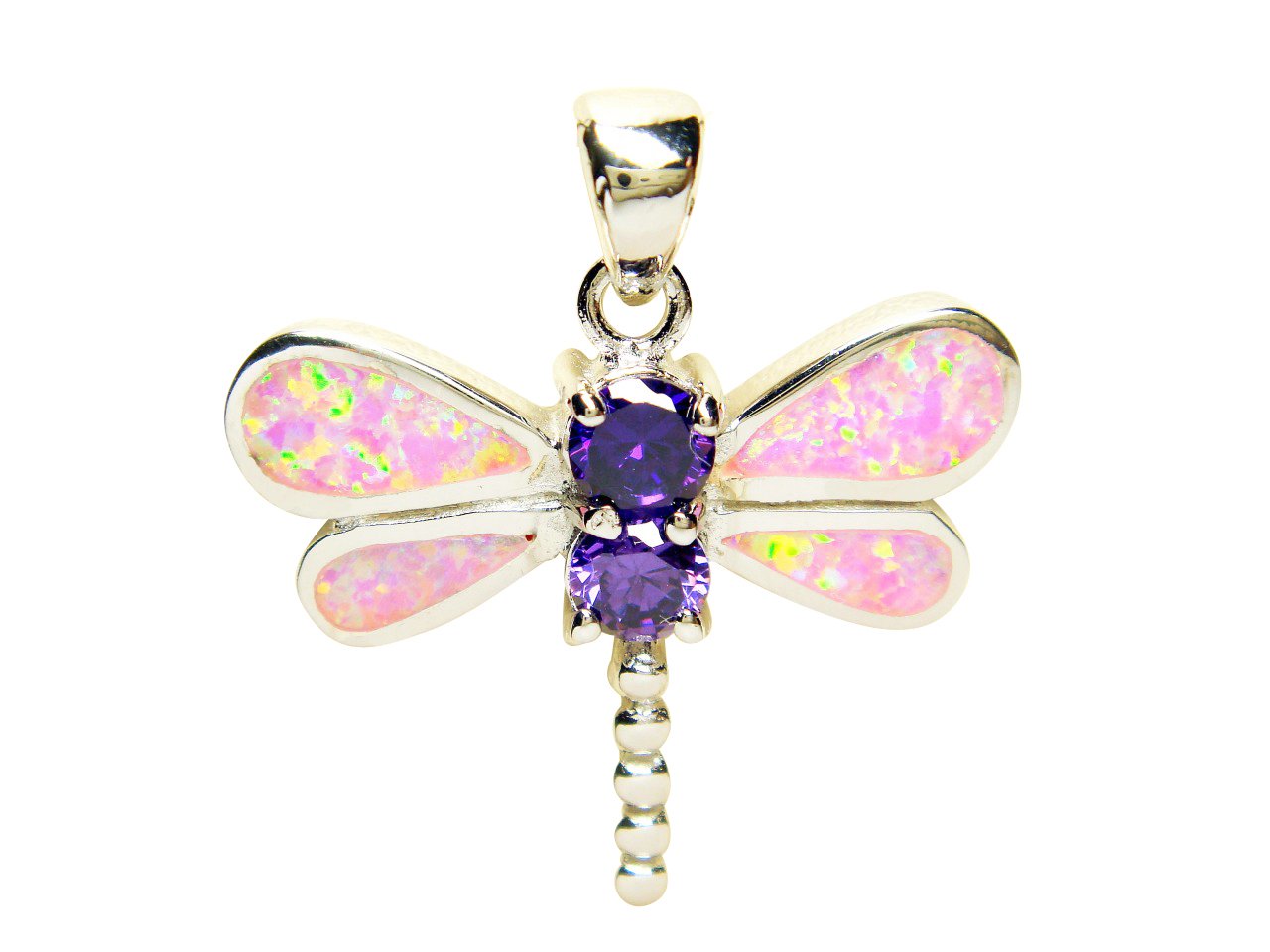 925 Sterling Silver Pink Opal Cubic Zirconia Dragonfly Charm Pendant