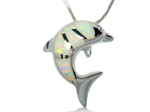 925 Sterling Silver White Opal Sea Dolphin Charm Pendant