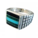 925 Sterling Silver Mens Square Onyx Malachite Turquoise Ring