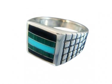 925 Sterling Silver Mens Square Onyx Malachite Turquoise Ring