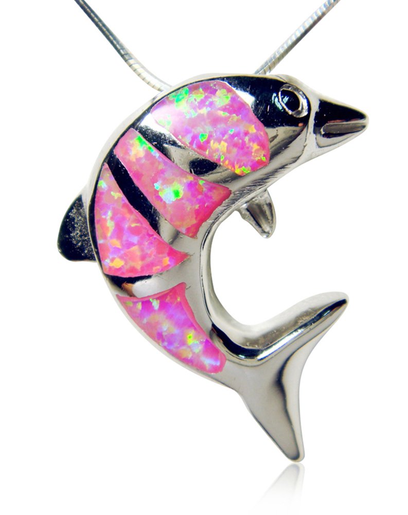 925 Sterling Silver Pink Opal Sea Dolphin Charm Pendant