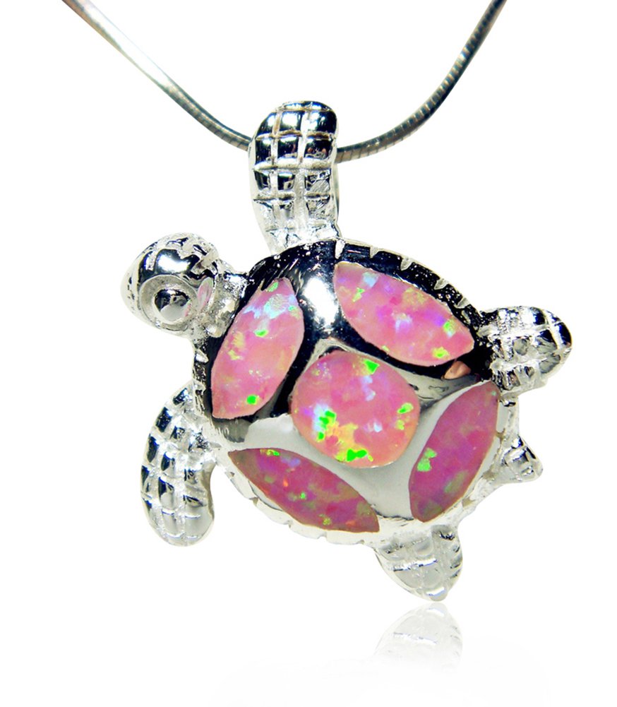 925 Sterling Silver Pink Inlay Opal Lovely Sea Turtle Charm Pendant