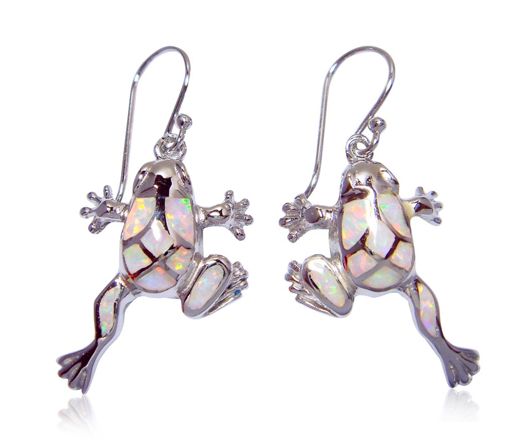 925 Sterling Silver Dangle Earrings Set White Fire Opal Frog