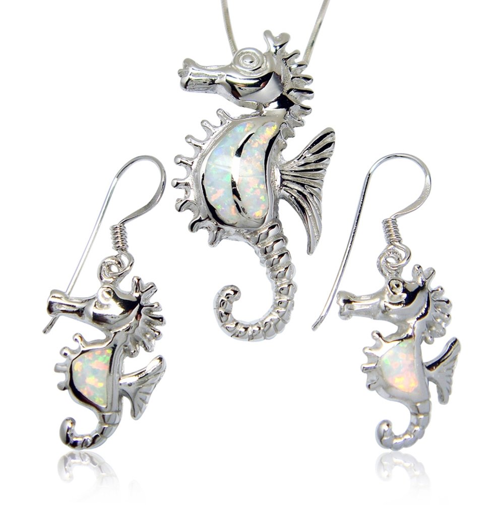 925 Sterling Silver White Opal Seahorse Pendant Earrings Set