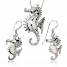 925 Sterling Silver White Opal Seahorse Pendant Earrings Set