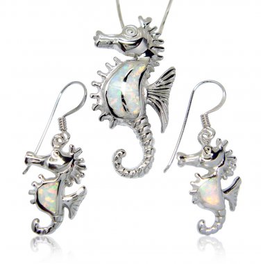 925 Sterling Silver White Opal Seahorse Pendant Earrings Set