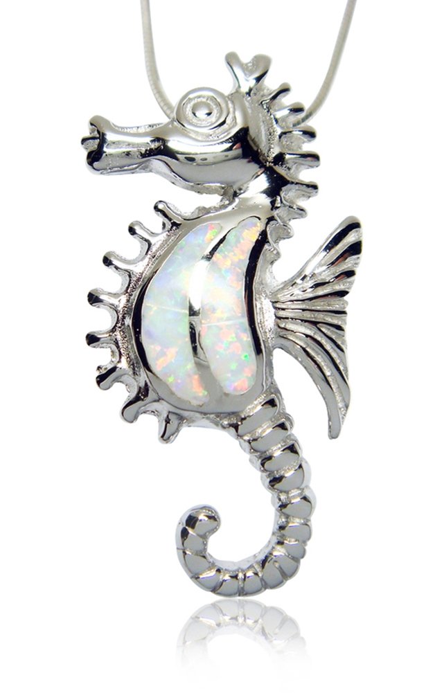 925 Sterling Silver White Opal Seahorse Sea Pendant