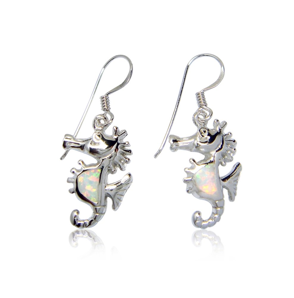 925 Sterling Silver White Opal Seahorse Sea Dangle Earrings