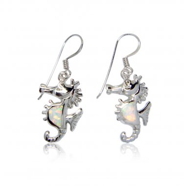 925 Sterling Silver White Opal Seahorse Sea Dangle Earrings