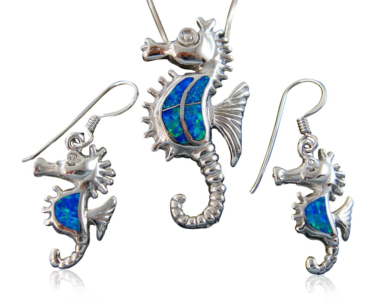 925 Sterling Silver Blue Opal Seahorse Pendant Earrings Set