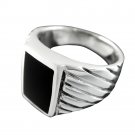 925 Sterling Silver Mens Rectangle Engraved Sides Black Onyx Ring 12gr