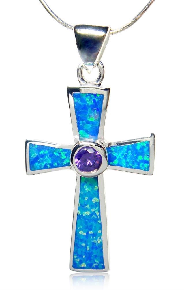 925 Sterling Silver Cross Pendant Hawaiian Blue Opal & CZ