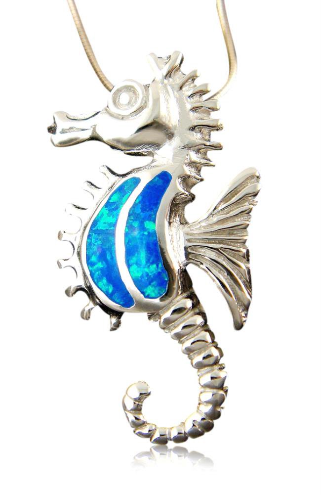 925 Sterling Silver Pendant Hawaiian Blue Opal Seahorse Sea