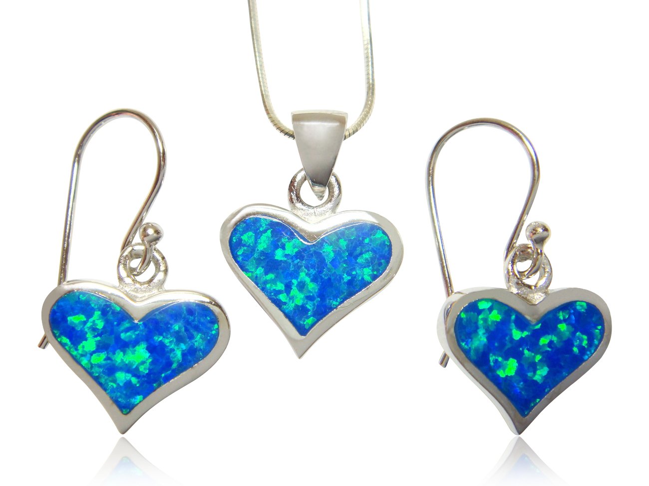 925 Sterling Silver Hawaiian Blue Opal Heart Love Pendant Earrings Set