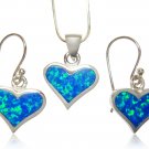 925 Sterling Silver Hawaiian Blue Opal Heart Love Pendant Earrings Set