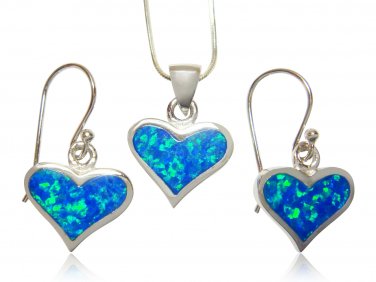 925 Sterling Silver Hawaiian Blue Opal Heart Love Pendant Earrings Set