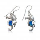 925 Sterling Silver Hawaiian Blue Fire Opal Seahorse Sea Life Dangle Earrings Set