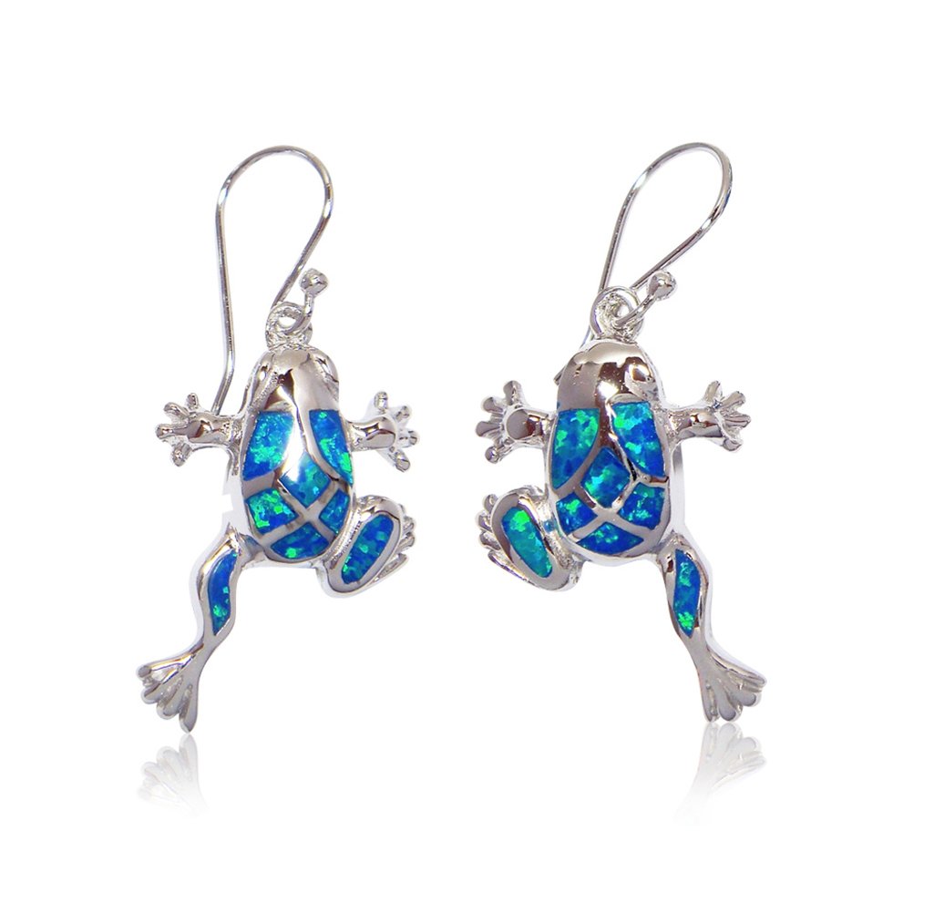 925 Sterling Silver Dangle Earrings Set Hawaiian Blue Opal Frog