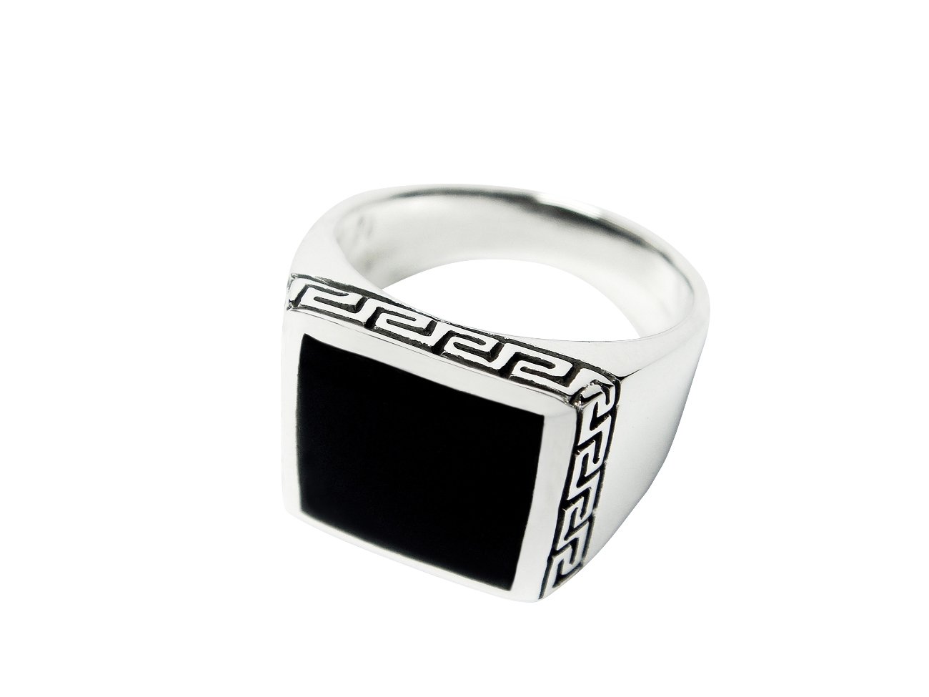 925 Sterling Silver Men's Square Onyx Greek Key Meander Ring