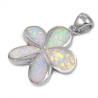 925 Sterling Silver White Fire Opal Beautiful Plumeria Flower Charm Pendant 7gr
