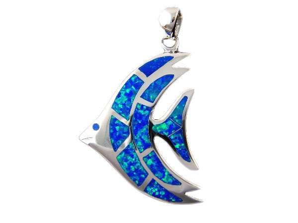 925 Sterling Silver Hawaiian Blue Fire Inlay Opal Fish Big Pendant 8gr