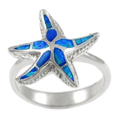 925 Sterling Silver Ring Hawaiian Blue Inlay Opal 3D Sea Starfish
