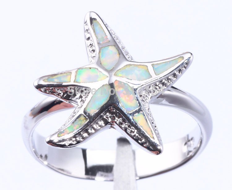 925 Sterling Silver White Fire Inlay Opal 3D Sea Starfish Ring