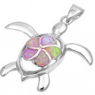 925 Sterling Silver Pink Opal Inlay Plumeria Sea Turtle Honu Charm Pendant