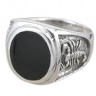 925 Sterling Silver Men's Oval Black Onyx Engraved Scorpion Thick Ring