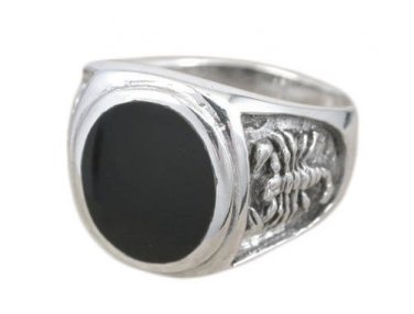 925 Sterling Silver Men's Oval Black Onyx Engraved Scorpion Thick Ring