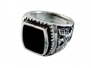 925 Sterling Silver Mens German Iron Eagle Black Inlay Onyx Thick Ring 13gr