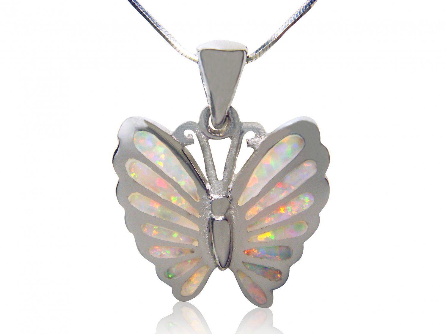 925 Sterling Silver White Mosaic Fire Inlay Opal Butterfly Charm Pendant