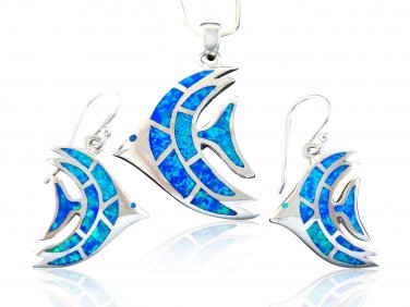 925 Sterling Silver Hawaiian Blue Fire Opal Fish Pendant Earrings Set