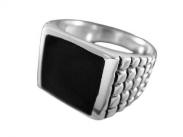 925 Sterling Silver Mens Square Black Inlay Onyx Engraved Checkered Ring