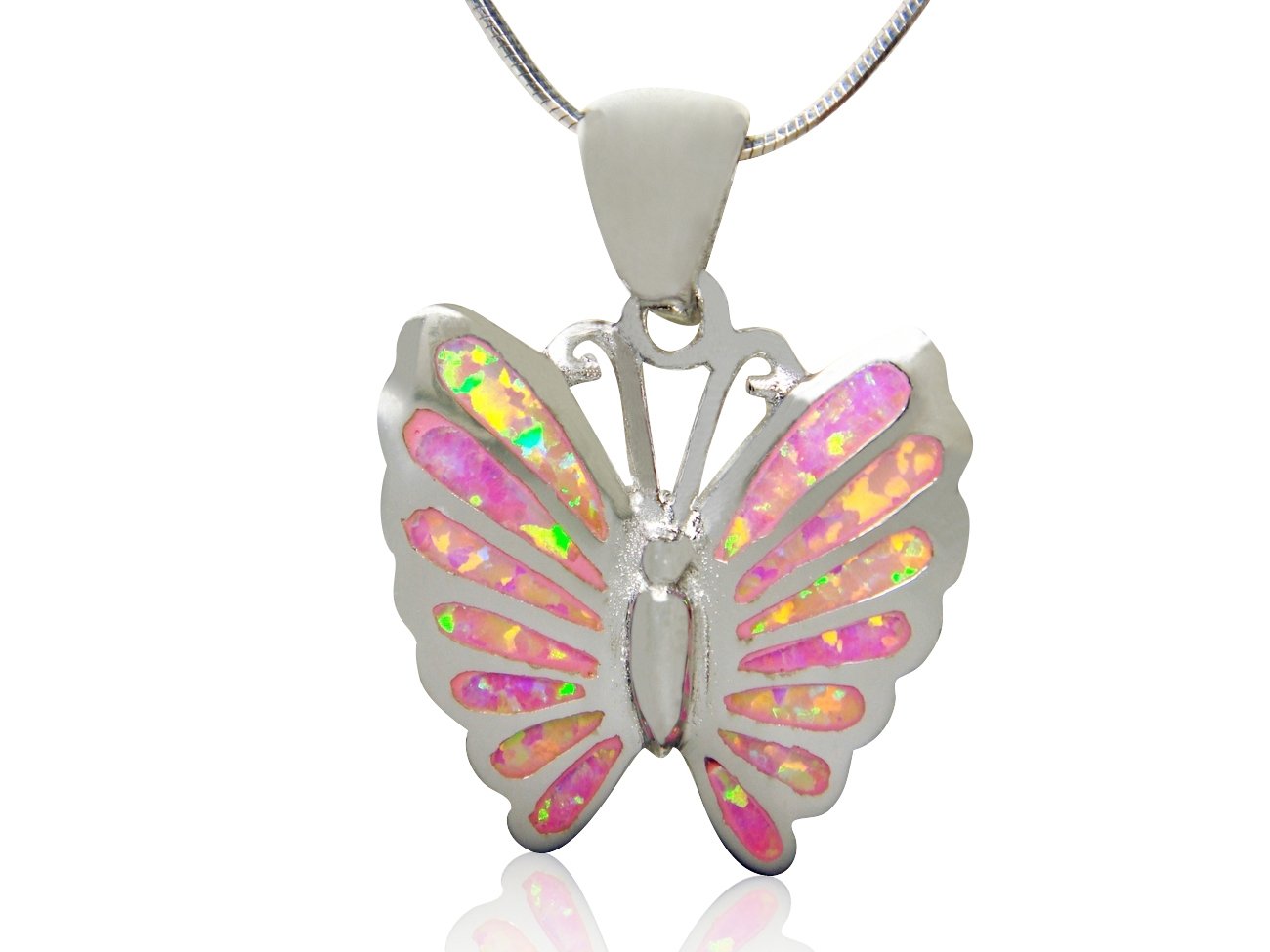 925 Sterling Silver Pink Mosaic Fire Inlay Opal Butterfly Charm Pendant