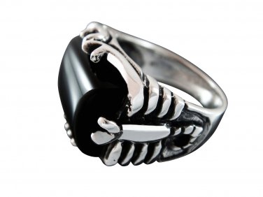 925 Sterling Silver Men's Onyx Engraved Big Scorpion Ring