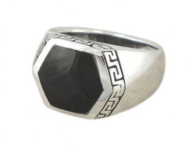 925 Sterling Silver Men's Hexagonal Black Onyx Greek Key Ring