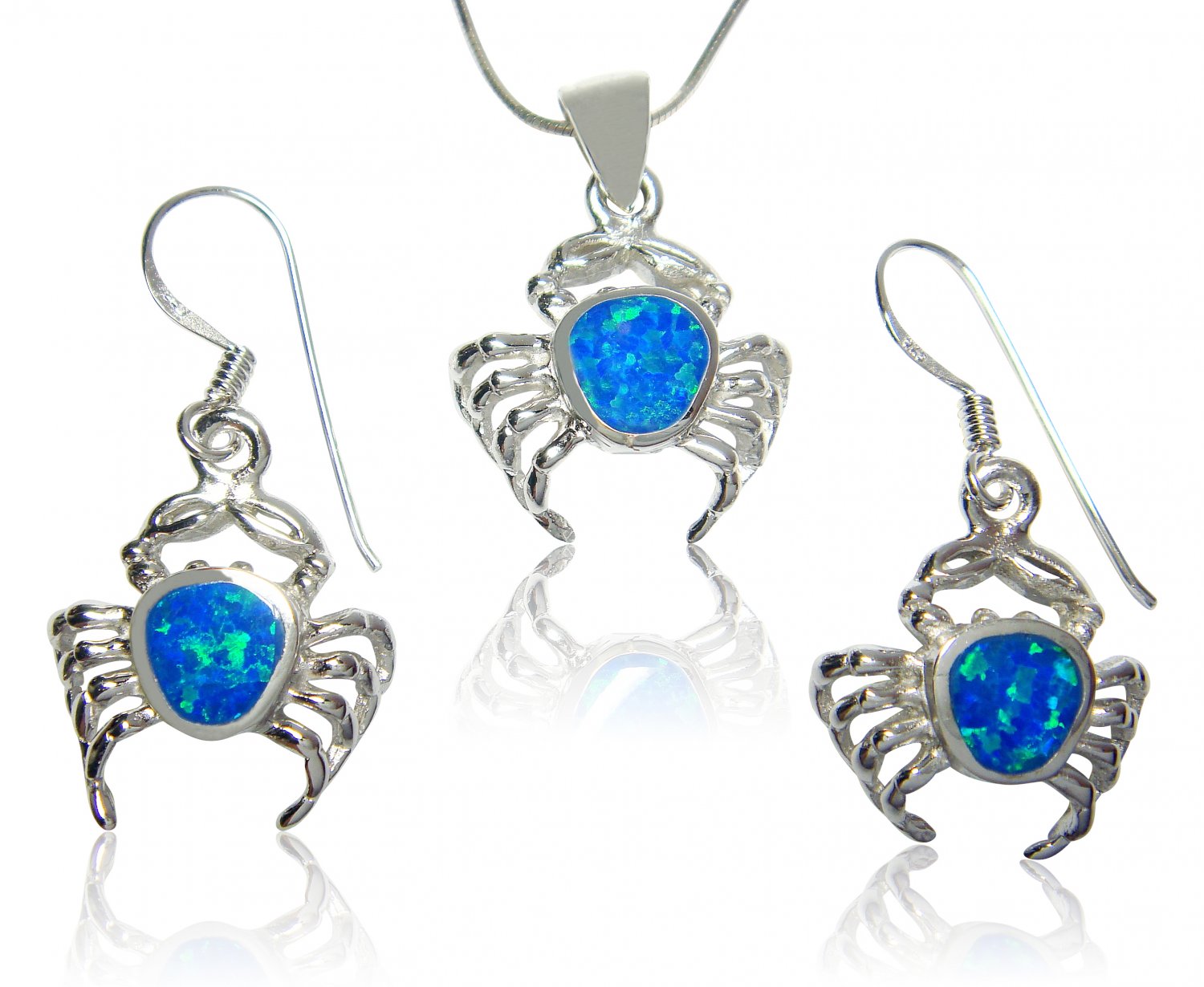 925 Sterling Silver Hawaiian Blue Fire Opal Crab Pendant Dangle Earrings Set