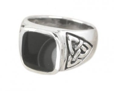 925 Sterling Silver Men's Rectangle Onyx Celtic Irish Triquetra Trinity Knot Ring