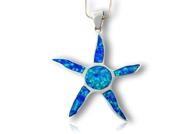 925 Sterling Silver Pendant Hawaiian Blue Inlay Opal Starfish Sun