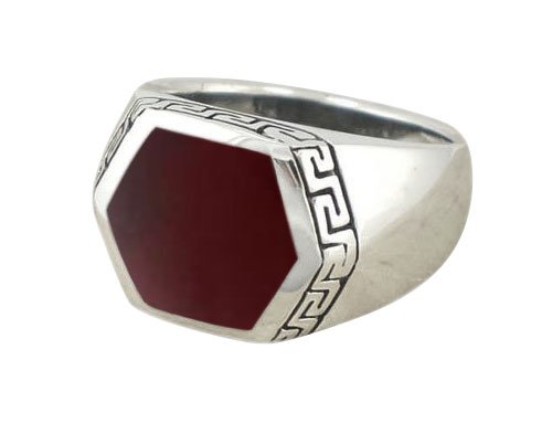 925 Sterling Silver Men's Hexagonal Carnelian Greek Key Meander Ring