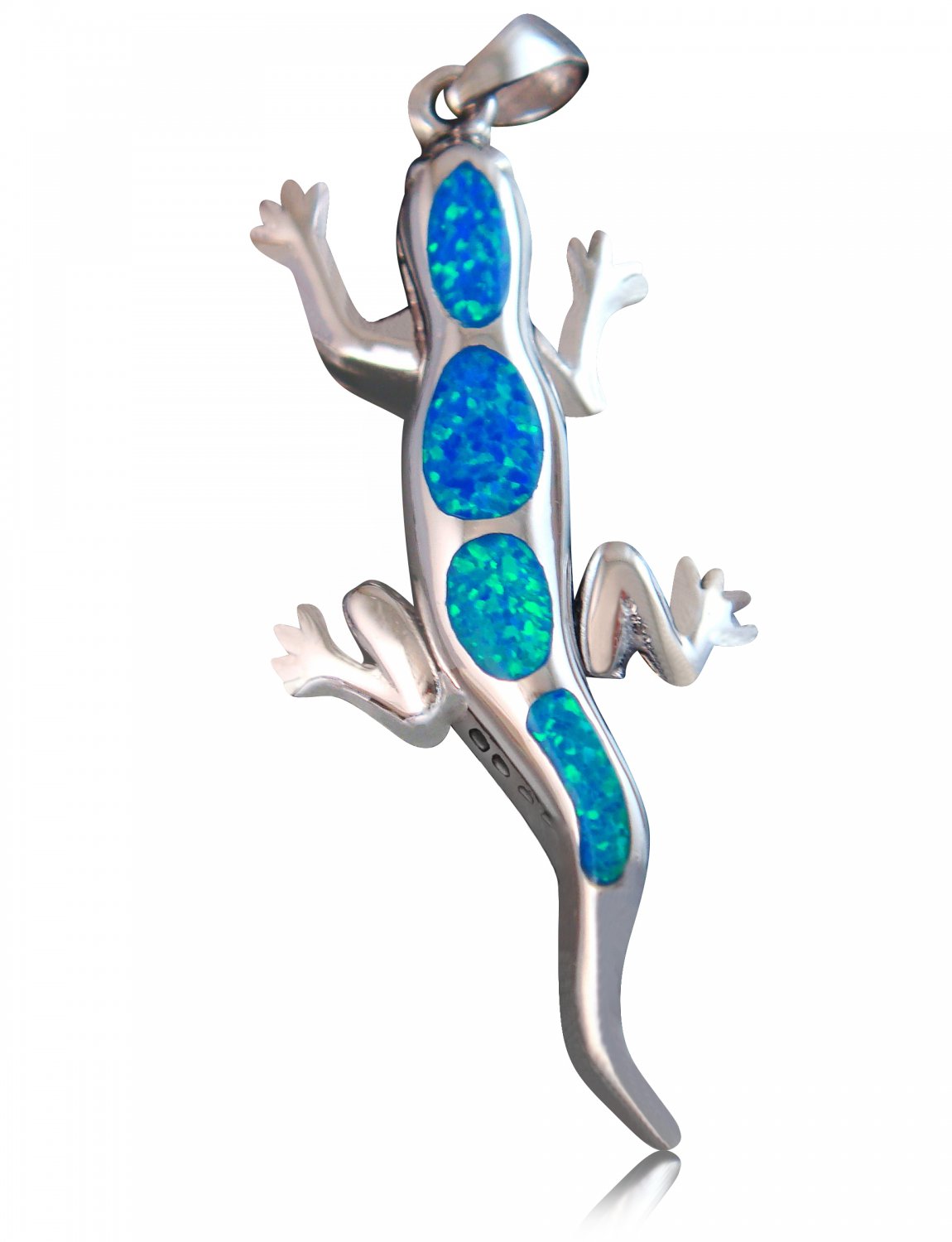 925 Sterling Silver Hawaiian Blue Fire Inlay Opal Lizard Gecko Pendant